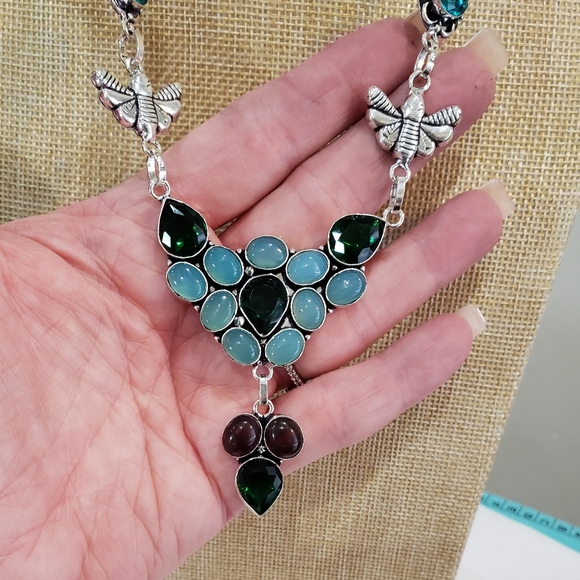 Aqua Chalcedony, Green Onyx, Garnet Gem 925 Statement Necklace - Picture 9 of 15